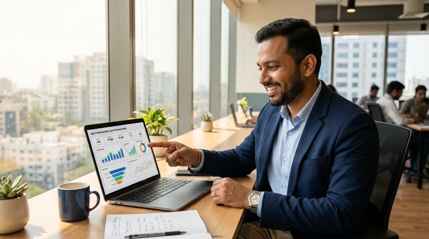Indian Business Leader analyzing sales leads and growth data